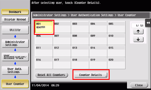 Operation procedure: Checking the counter by user